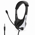 Black over-ear headset with a flexible boom microphone and a white textured side accent panel, shown on a clean white background with a 3.5mm audio jack visible.