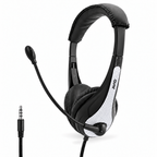 Black over-ear headset with a flexible boom microphone and a white textured side accent panel, shown on a clean white background with a 3.5mm audio jack visible.