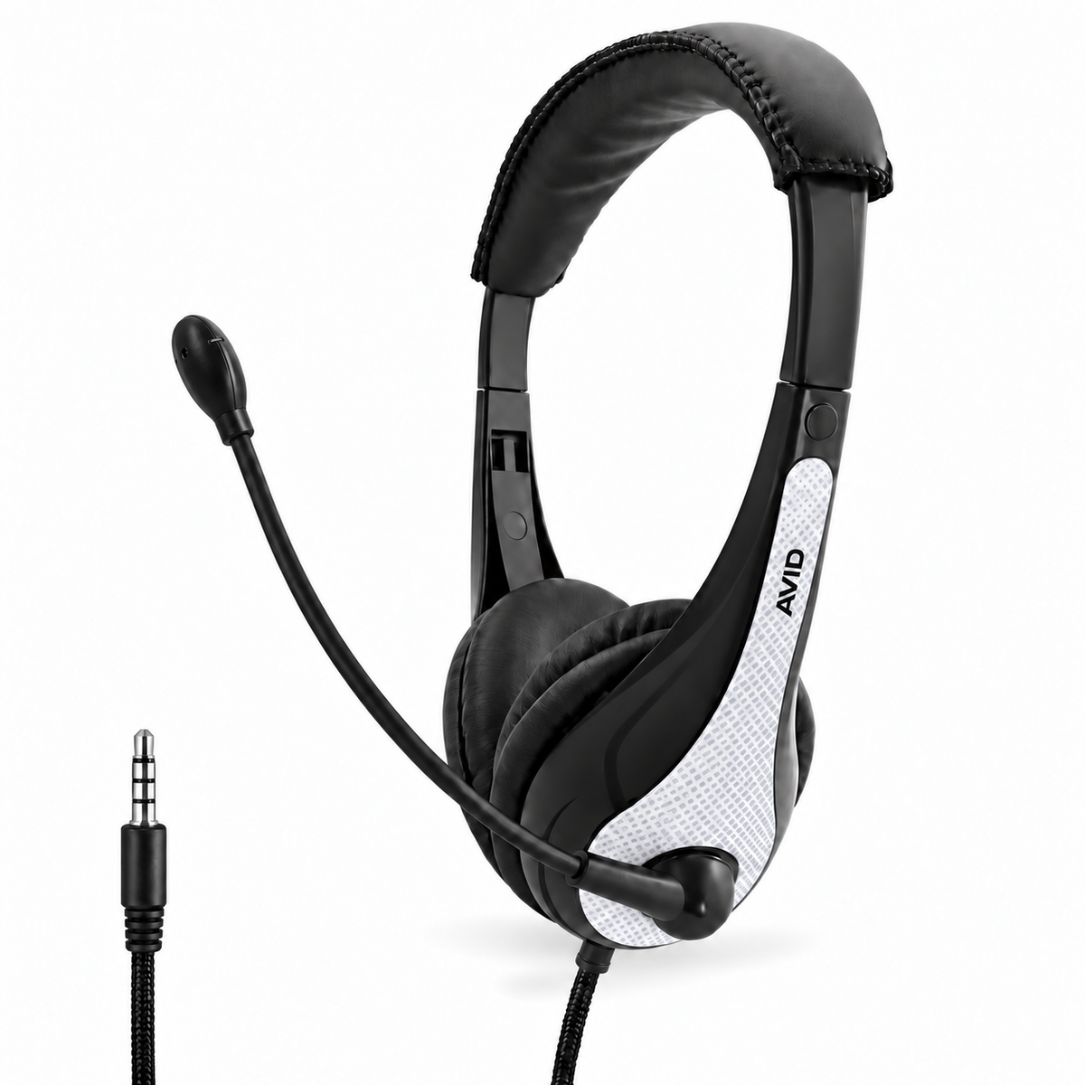 Black over-ear headset with a flexible boom microphone and a white textured side accent panel, shown on a clean white background with a 3.5mm audio jack visible.
