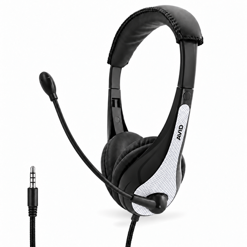 Black over-ear headset with a flexible boom microphone and a white textured side accent panel, shown on a clean white background with a 3.5mm audio jack visible.