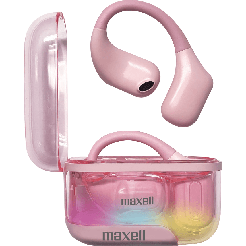 Maxell OWS Pro open wireless earhook earbuds with charging case - Pink