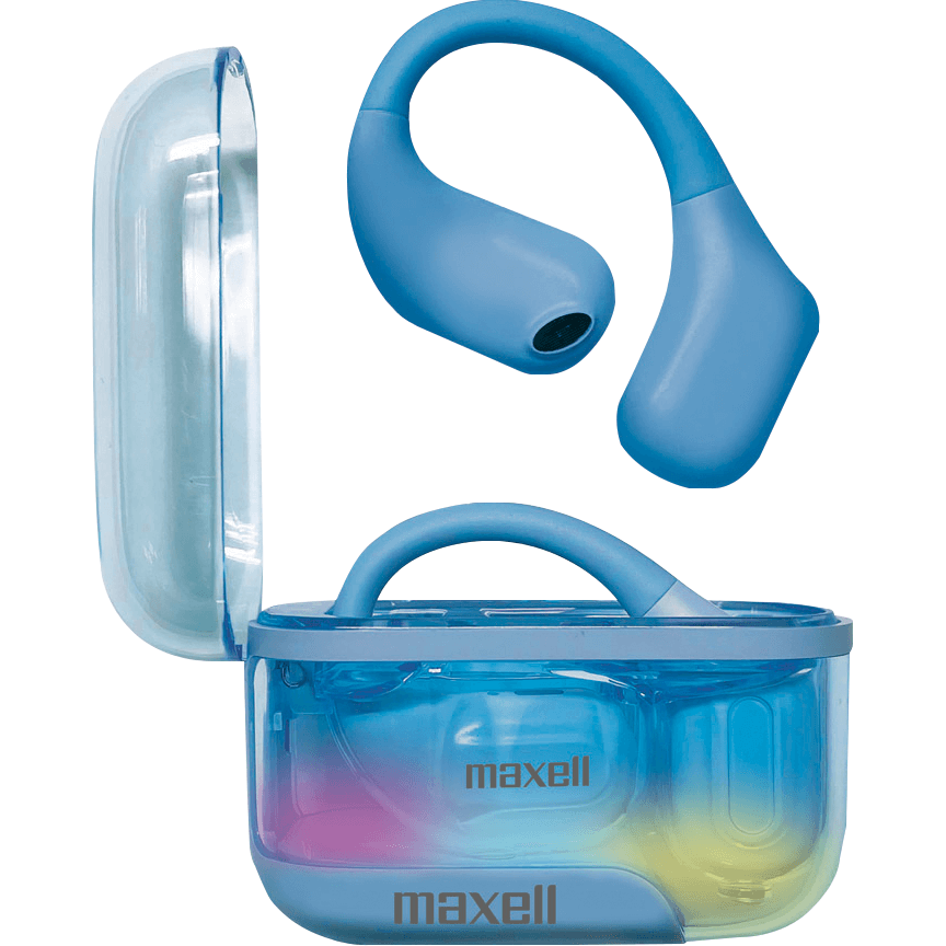 Maxell OWS Pro open wireless earhook earbuds with charging case - Blue