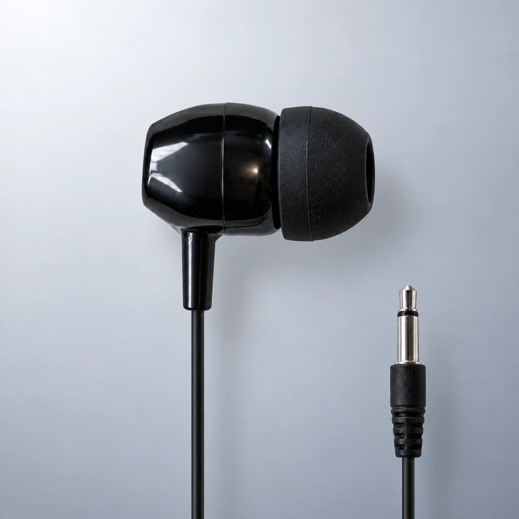 LH-50 single mono earbud and 3.5mm mono plug, close-up