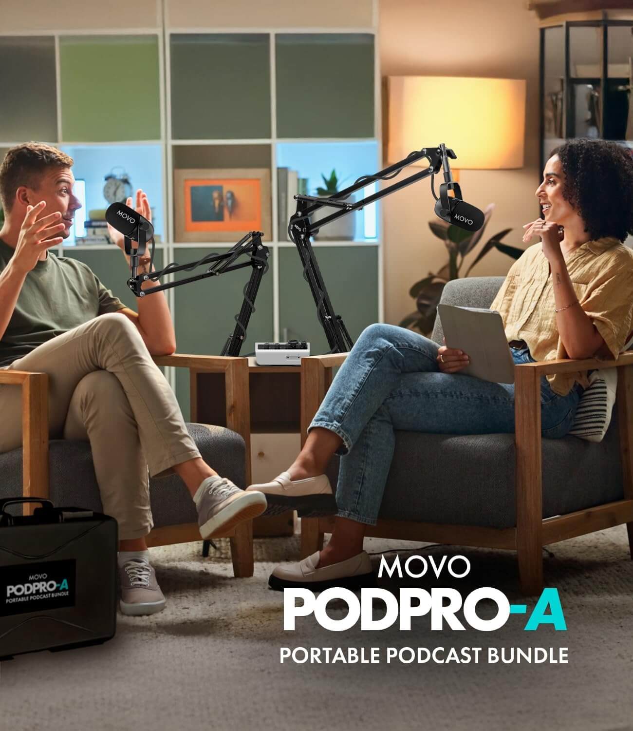 Movo PodPro-A portable podcast bundle with boom arms and microphones
