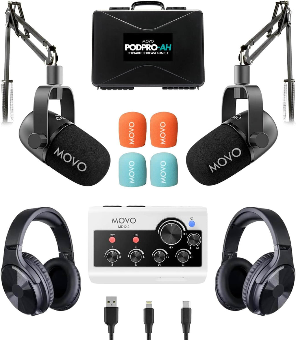 Movo PodPro-AH portable podcast bundle with boom arms and headphones