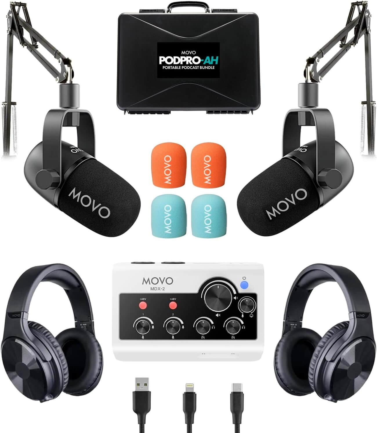 Movo PodPro-AH portable podcast bundle with boom arms and headphones