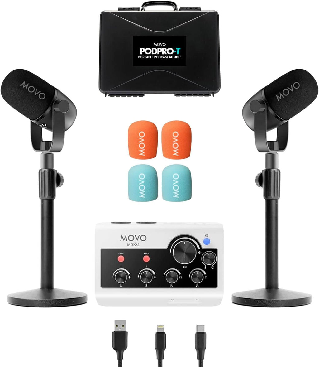 Movo PodPro-T portable podcast bundle with desk stands and microphones