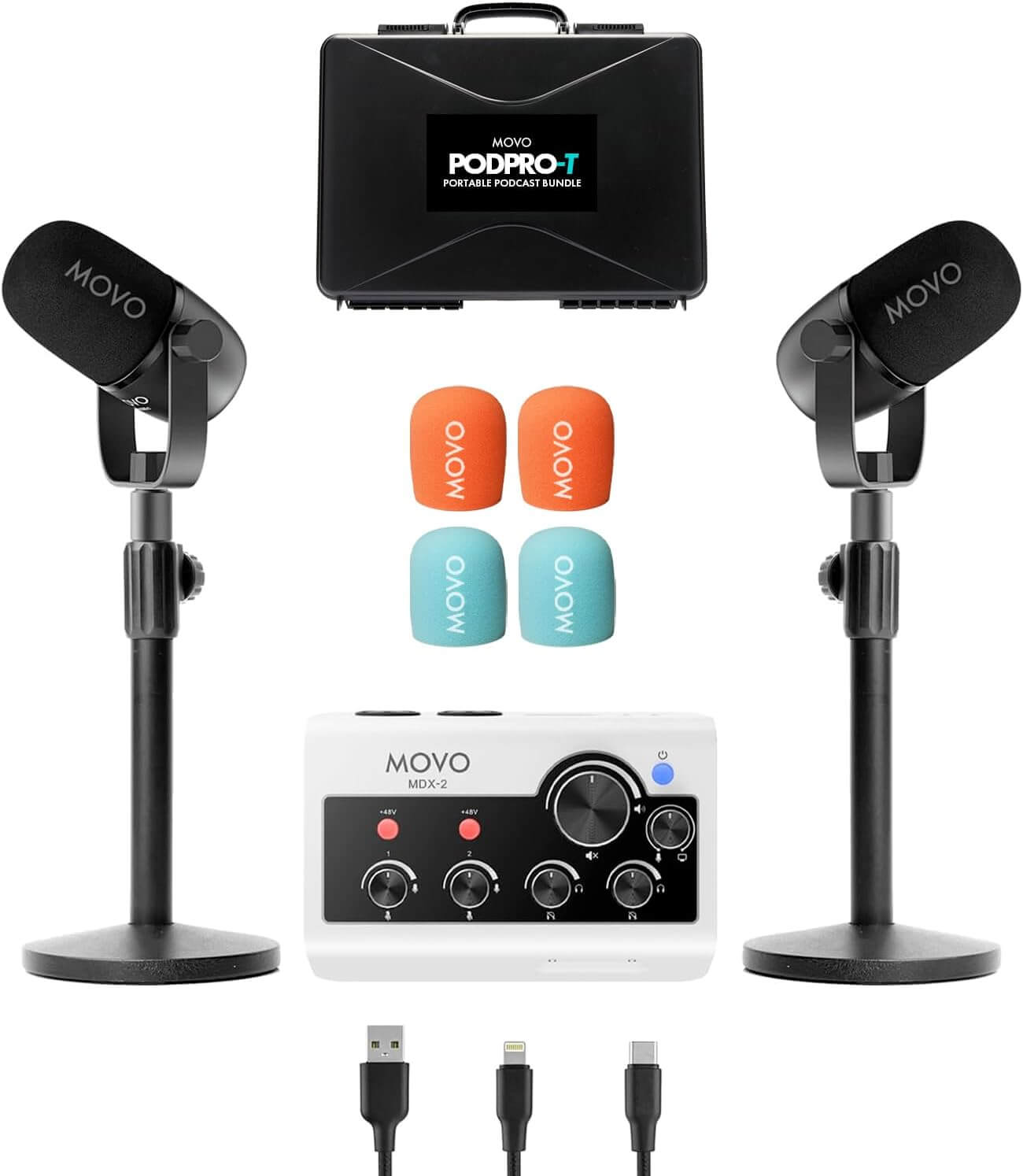 Movo PodPro-T portable podcast bundle with desk stands and microphones