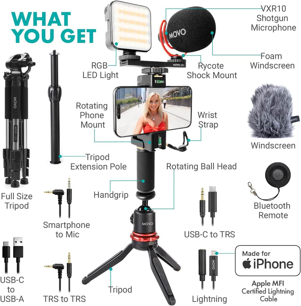 Movo iVlogger-PRO vlogging kit with full size tripod for smartphone video