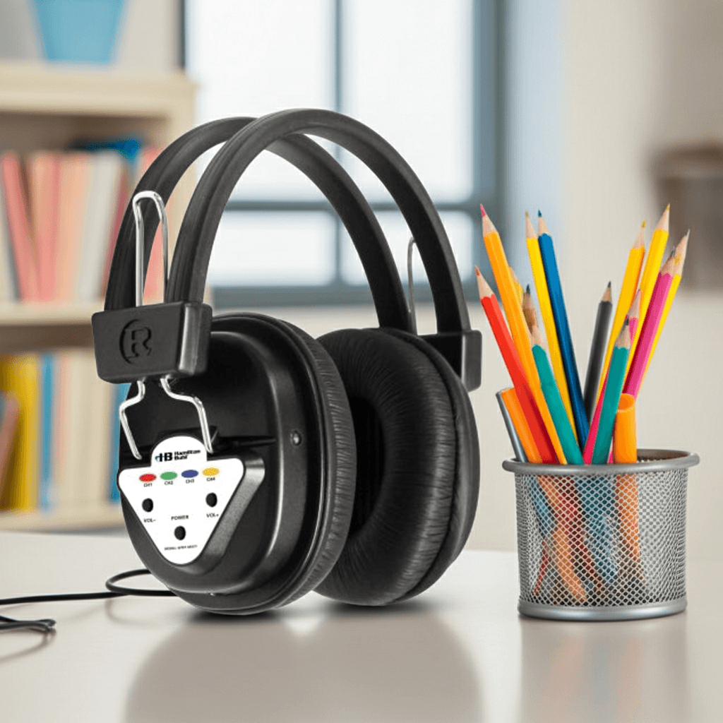 Wireless Listening Center, 6 Station with Headphones and Transmitter, Multi Frequency