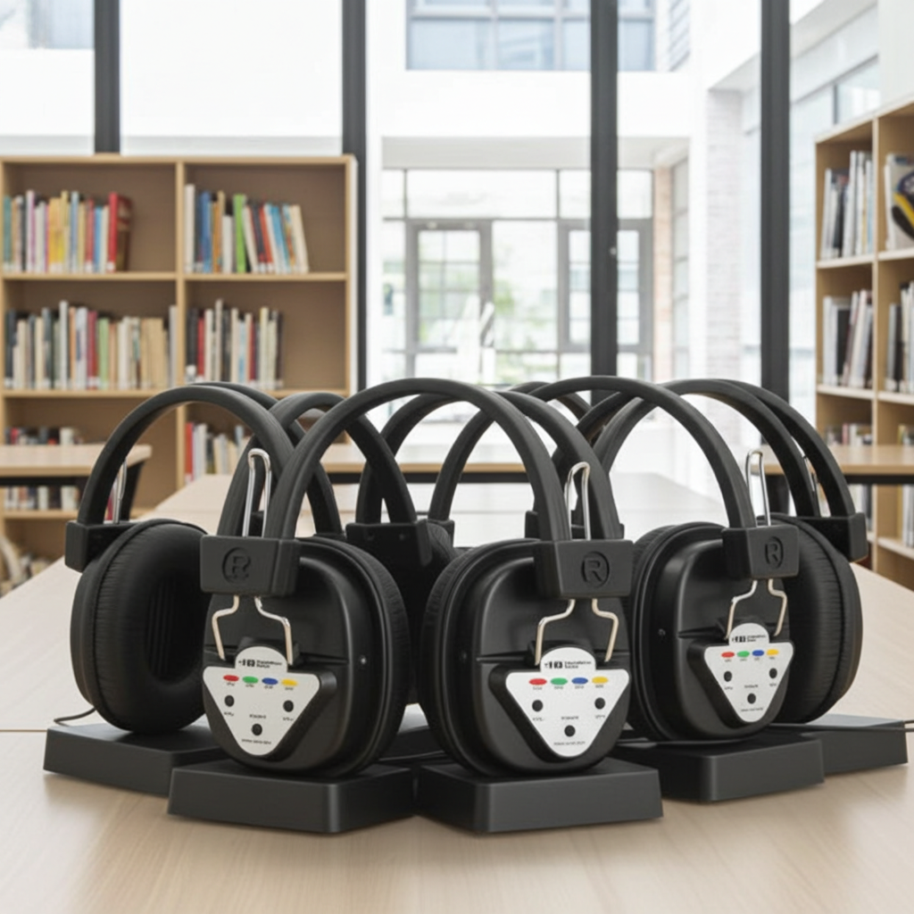 Wireless Listening Center, 6 Station with Headphones and Transmitter, Multi Frequency