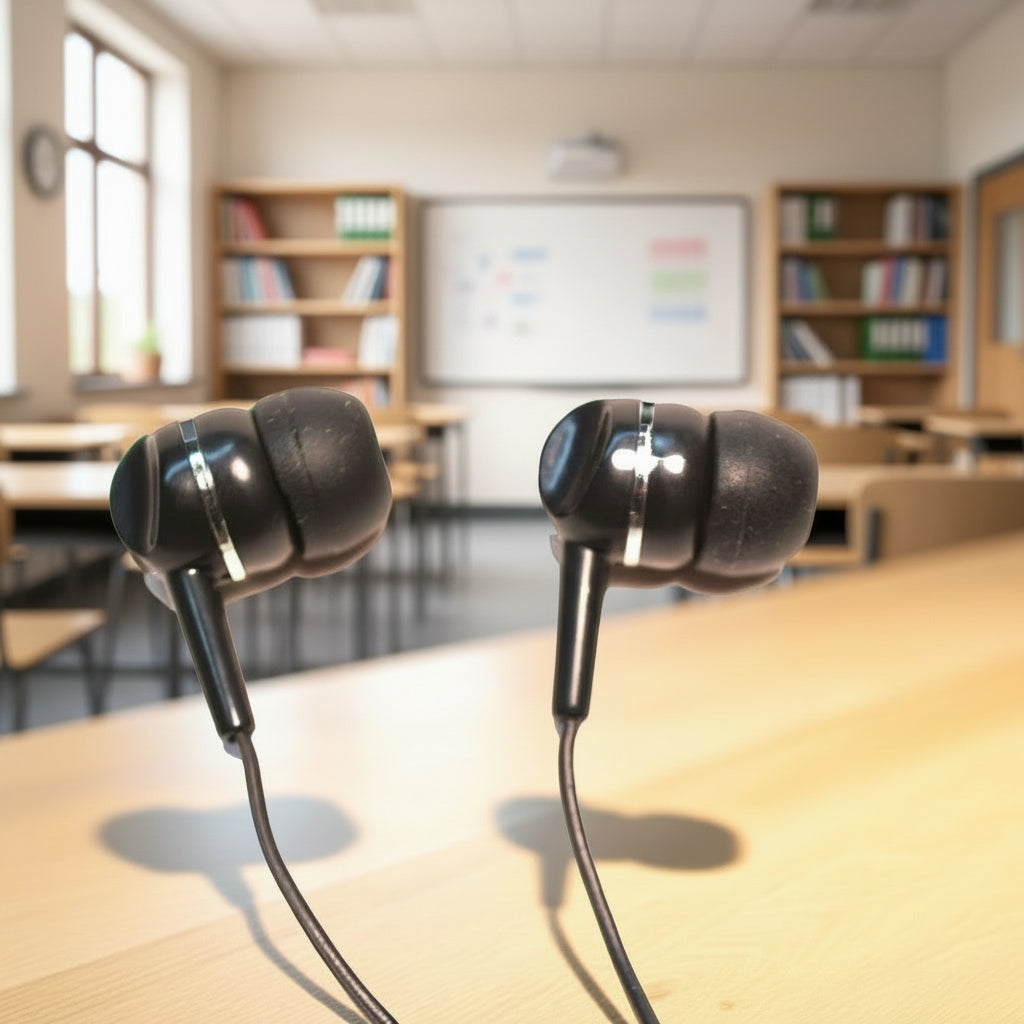 black and silver earbuds on table