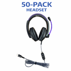 50 pack Smart-Trek Deluxe USB-C stereo headsets with inline volume control and metallic purple accents