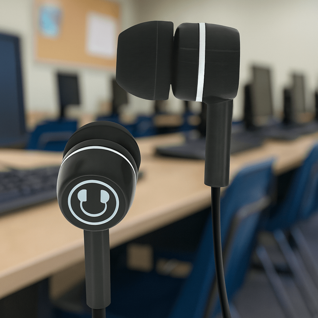 Black earbuds with a smiley face design on a blurred classroom background