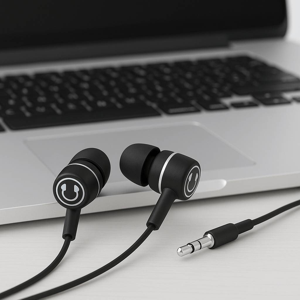 SoundLH earbuds with laptop on a table