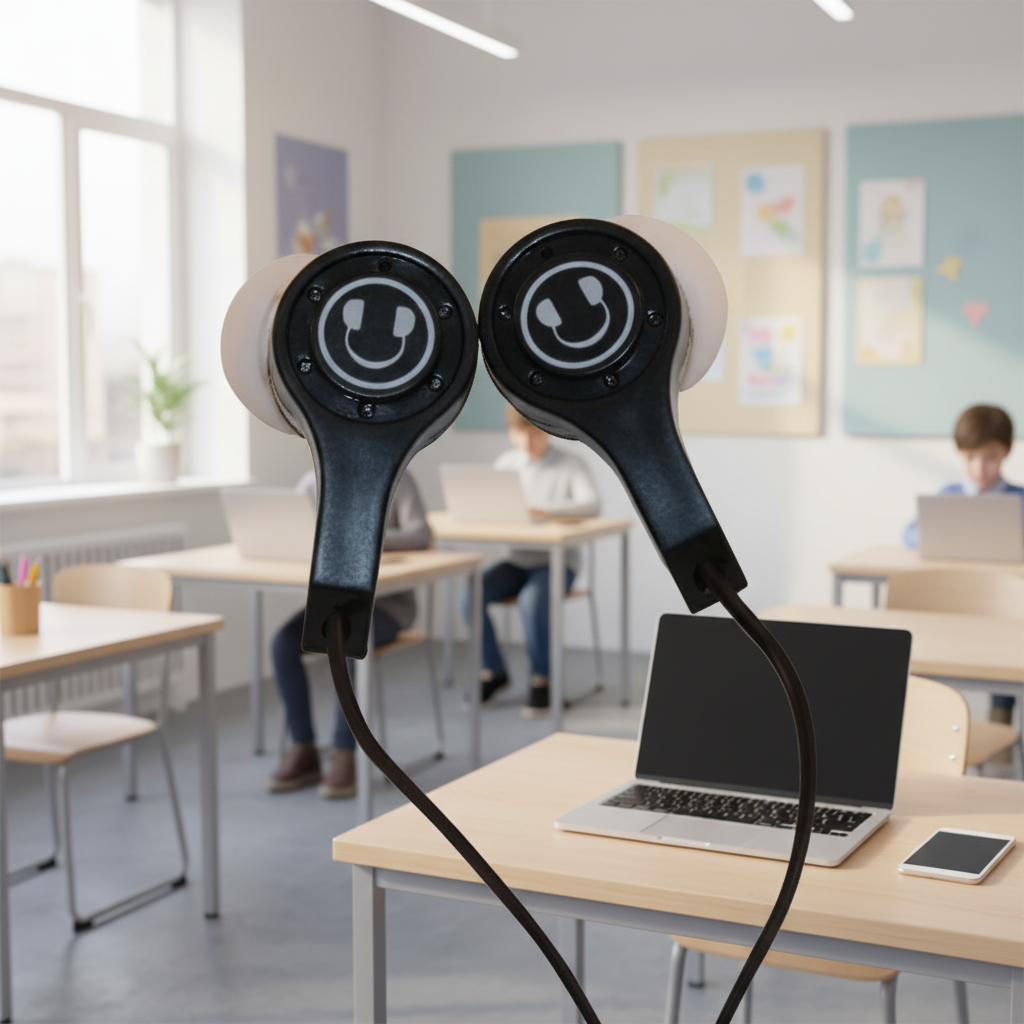 soundlh earbuds in a classroom setting with laptops and students learning