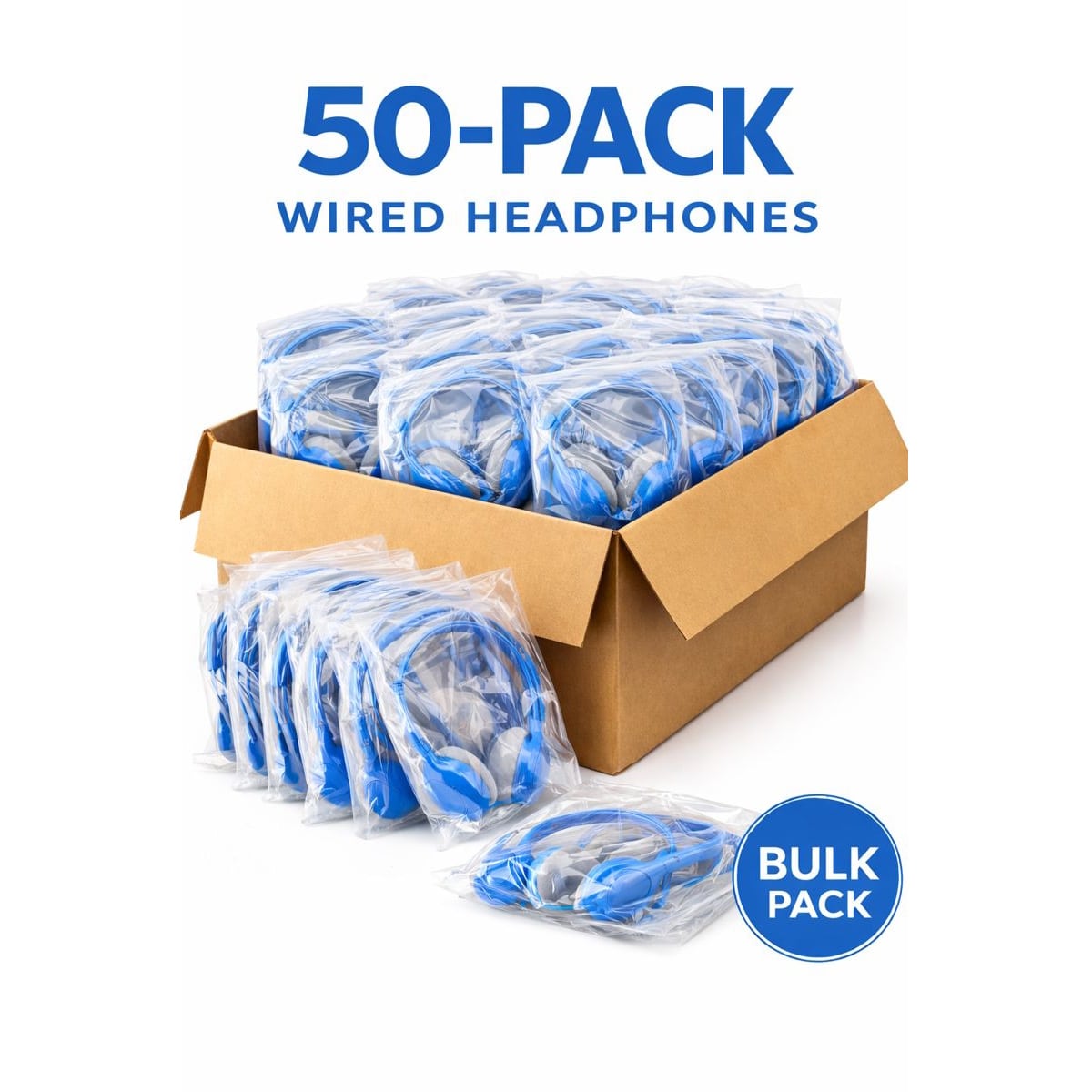 SoundLH Classroom Headphones – Blue On-Ear, Foam Cushions - 50 pack