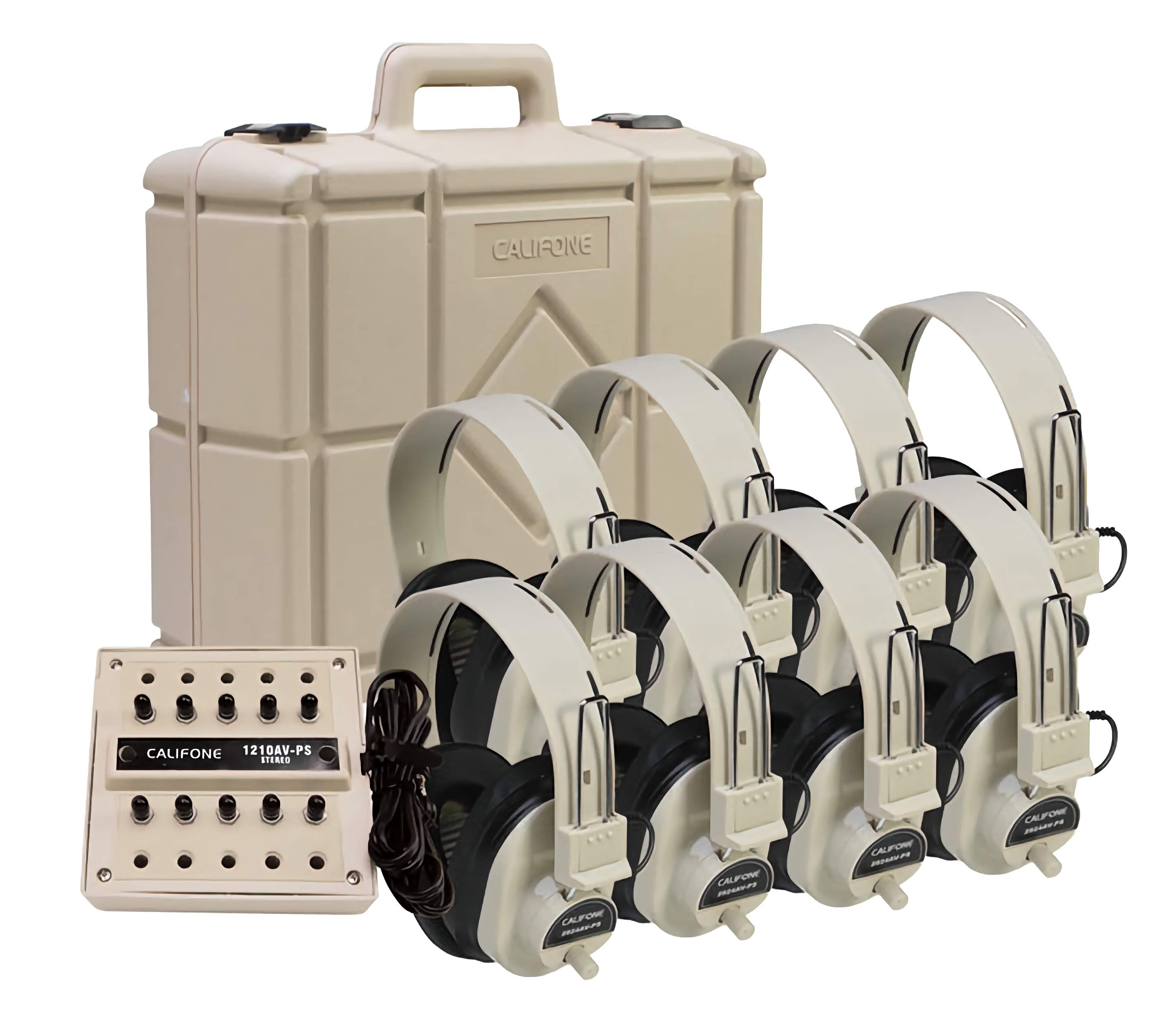 8-position non-powered stereo listening center with storage case and multiple headphones.