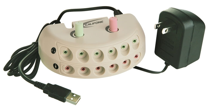 Califone 6-Position USB Jackbox with AC adapter and USB connection for classroom audio streaming.