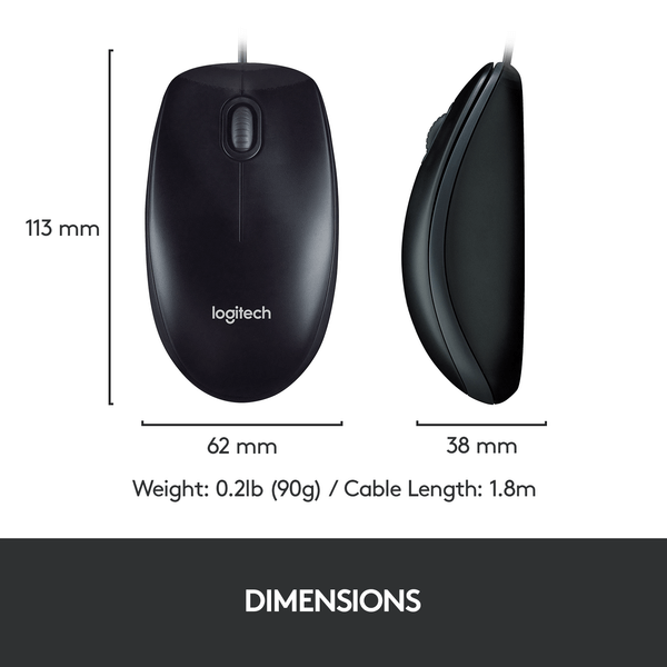 Logitech MK120 mouse dimensions: 113mm height, 62mm width, 38mm depth, weighs 0.2lb, with 1.8m cable length.