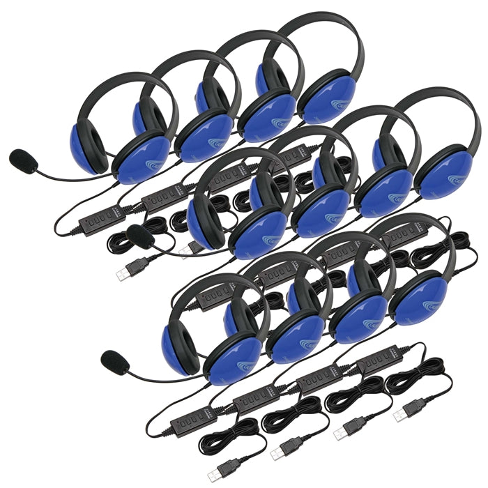 Listening First Stereo Headset - Blue - USB Plug - 12 Pack - Learning Headphones