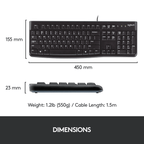 Dimensions of Logitech MK120 USB Keyboard: 155mm height, 450mm width, 23mm depth, weight 1.2lb, cable length 1.5m.