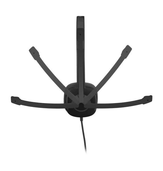 Logitech H151 Stereo Headset viewed from above, showcasing its black design and noise-canceling microphone—ideal for school headphones.