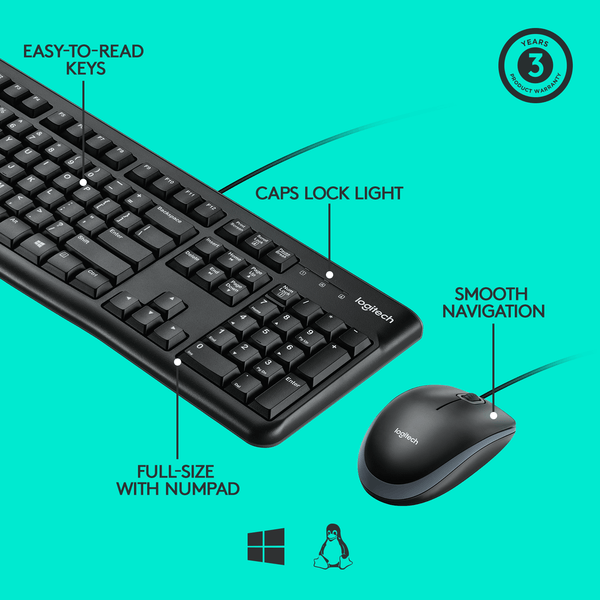 Logitech MK120 keyboard and mouse combo with easy-to-read keys, caps lock light, and full-size numpad, ideal for education.
