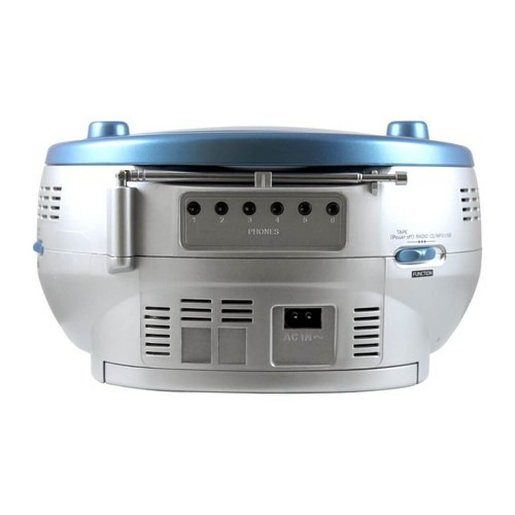 AudioStar USB MP3 CD Cassette Boombox rear view with six headphone jacks and power input.