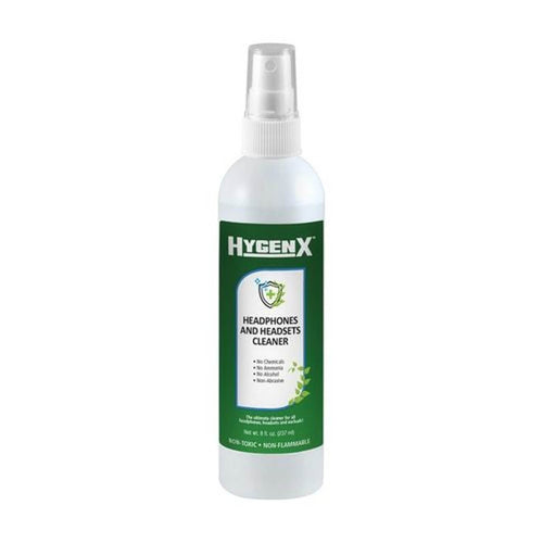 HygenX Headphones and Headsets Cleaner in an 8 oz spray bottle, non-toxic and ideal for bulk school headphones.