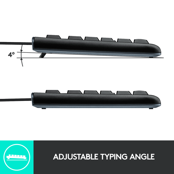 Logitech MK120 keyboard showing adjustable typing angle with sleek design for enhanced comfort.