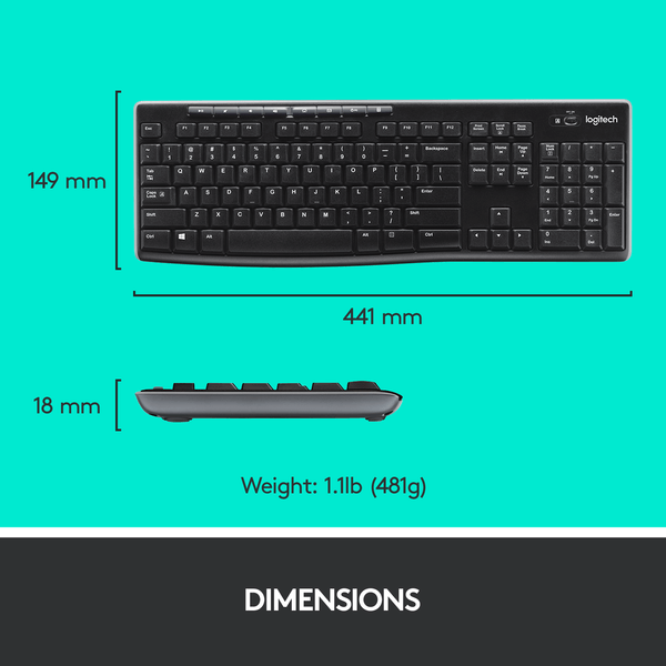 Logitech MK270 Wireless Keyboard & Mouse Combo dimensions including height, width, and weight on a teal background.