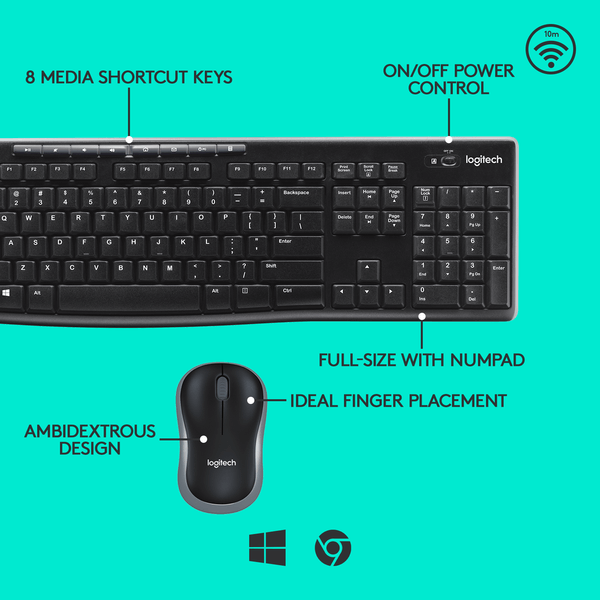 Logitech MK270 Wireless Keyboard & Mouse Combo features media keys, power control, and ambidextrous design.