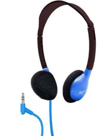 HamiltonBuhl HA2 SchoolMate Headphones - Color Options in blue with brown headband and audio jack.
