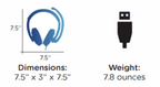ThinkWrite TW220 Ultra-Durable Pro USB Headset dimensions 7.5 inches x 3 inches x 7.5 inches and weight 7.8 ounces