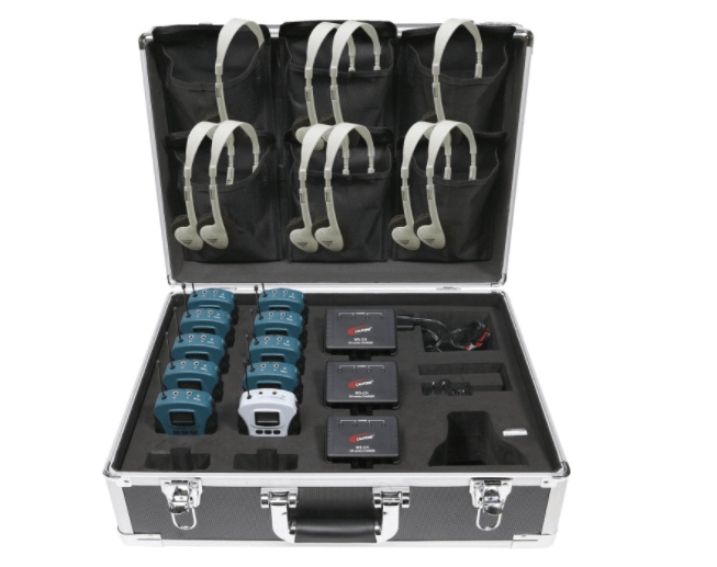 10-person assistive listening system with 10 bulk school headphones in a case, ideal for educational use.