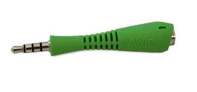AVID Fishbone TRRS adapter in green, designed to reduce pin breakage for bulk school headphones and education use.