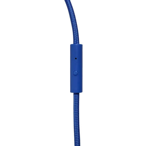 Close-up of blue TRRS headset cable featuring in-line microphone control, ideal for bulk school headphones.