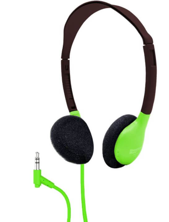 Línea Galaxy™ Econo de Sack-O-Phones con 5 audífonos verdes de tamaño personal (HA2-GRN), caja para conector Starfish y bolsa de transporte