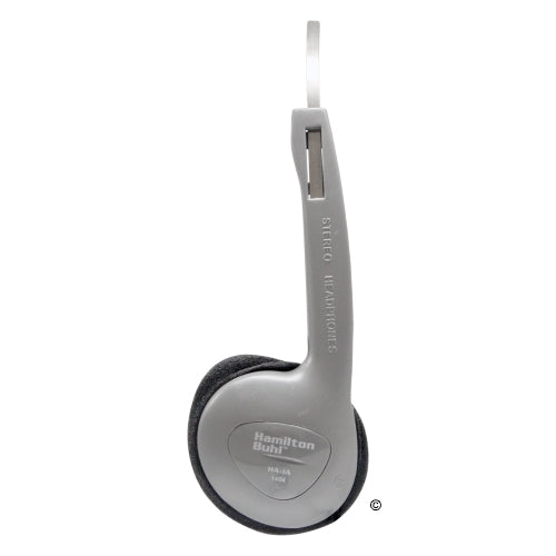 Single side view of economical on-ear headphones designed for classroom use.