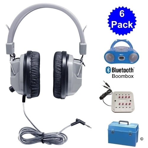 6 pack of bulk school headphones with Bluetooth boombox for educational listening centers.