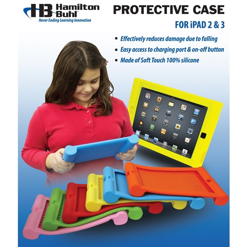 Child demonstrating the Green iPad protective case, showcasing protective features and vibrant color options for educational use.