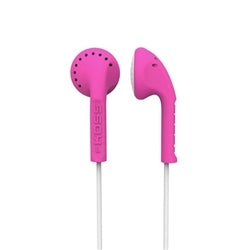 Koss KE10 lightweight pink earbuds, ideal school headphones for education, stylish, comfortable fit, clear audio.