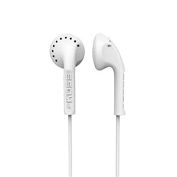 Koss KE10 lightweight earbuds in white, ideal for school headphones and bulk headphone packs for education.