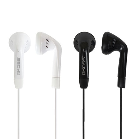 Koss KE7 earbuds in black and white, ideal bulk school headphones for education and everyday use.