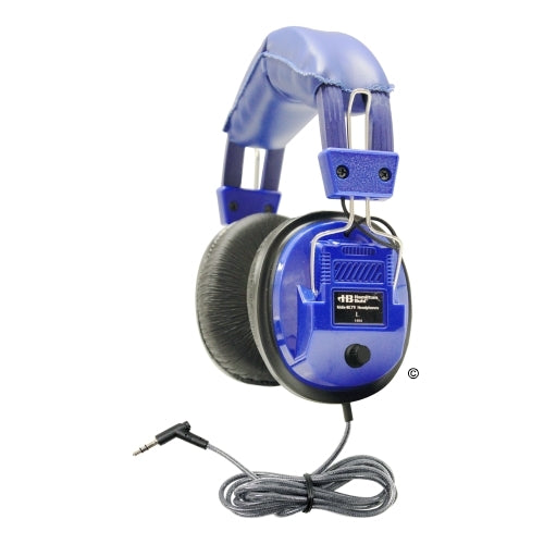 Blue deluxe school headphones with volume control for education, ideal for bulk headphone packs and noise isolation.