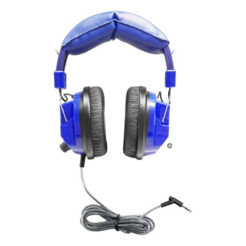 Blue deluxe over-ear school headphones with volume control for safe listening, ideal for education and bulk headphone packs.