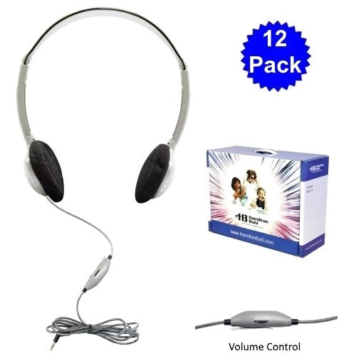 12 pack school headphones with volume control and carry case, ideal for educational audio activities in bulk.