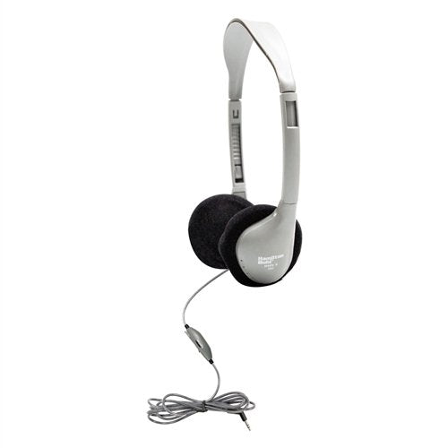 Bulk school headphones in gray with volume control, ideal for educational settings and audio activities.