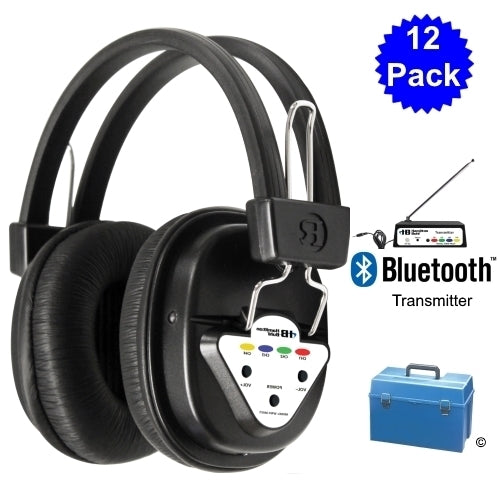 12 pack of wireless school headphones with Bluetooth transmitter for classrooms and educational use.